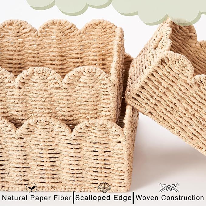 Scalloped Wicker Baskets Set of 3, Hand-Woven Storage with Handles | set of 3 beige scalloped baskets with handles. Hand-woven paper rope for shelves, bathroom or closet. Stackable, sturdy. - Image 3