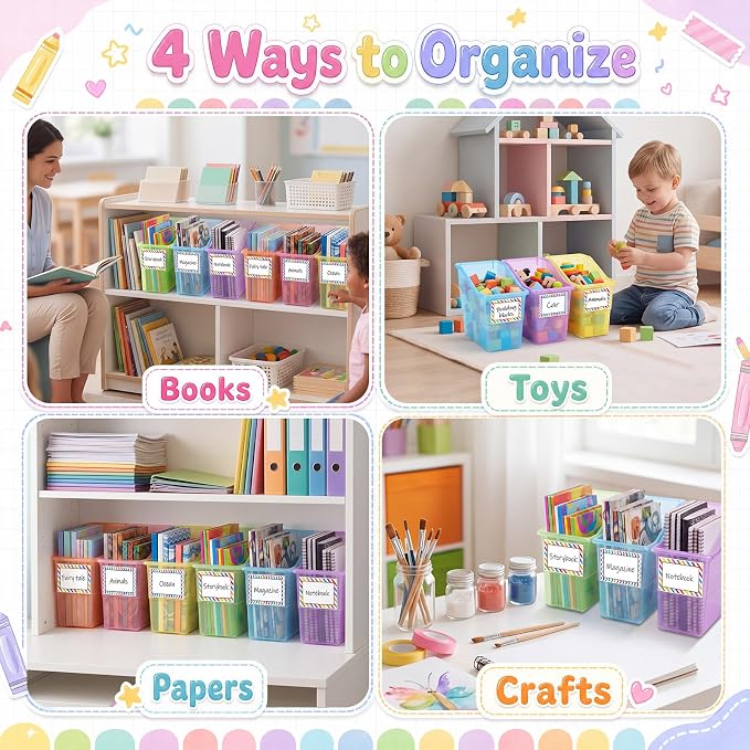 Blosssound 12 Set Book Bins for Classroom Stackable,Translucent Pastel | Plastic Baskets with Labels, Slanted Front, Library Supplies Organizers, Desktop Storage Bins, Teachers Home School Use - Image 4
