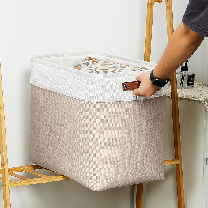 DULLEMELO Large Storage Baskets for Organizing, Canvas Storage Bins Big Baskets With Handles for Shelf Clothes Empty Gift Basket (White&Khaki) - Image 5