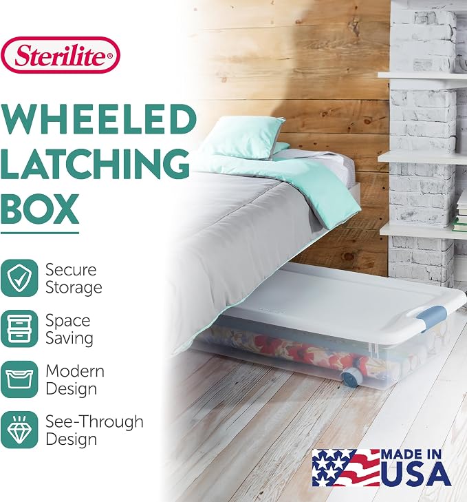 Sterilite 8-Pack Wheeled Latching Box, Plastic Under Bed Storage Bins with Lids, 56 Quart - Large Clear Stackable Tote Organizer Containers for Closet, Bedroom, Bathroom, and Office Organization - Image 3