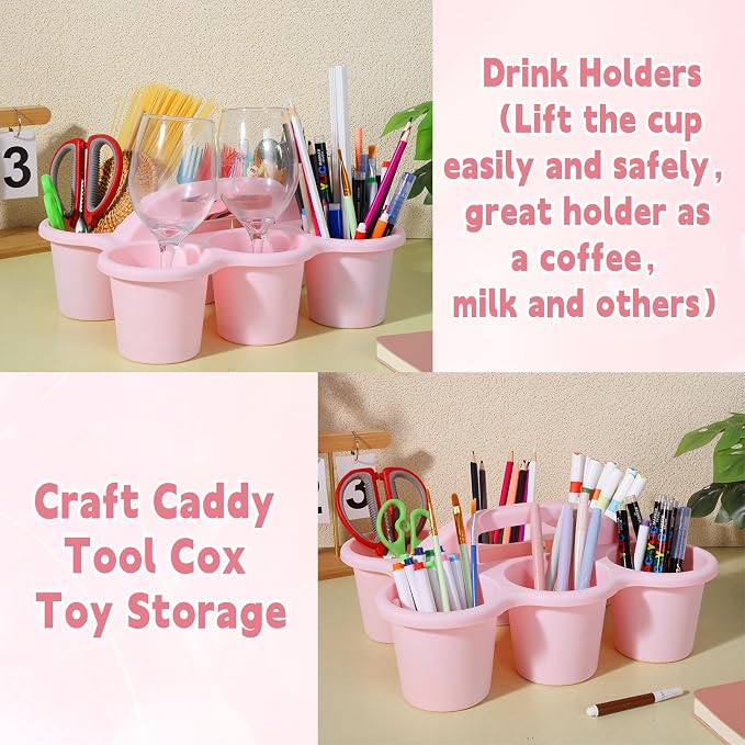 gisgfim 6 Pack Classroom Caddy Organizer with Handle, 6 Compartments, Pink | Stackable Plastic Table Caddies, 12x9x3.5 In, caddy Organizer for School Supplies, Crayons, Pencils, Crafts and Drink Cups - Image 5