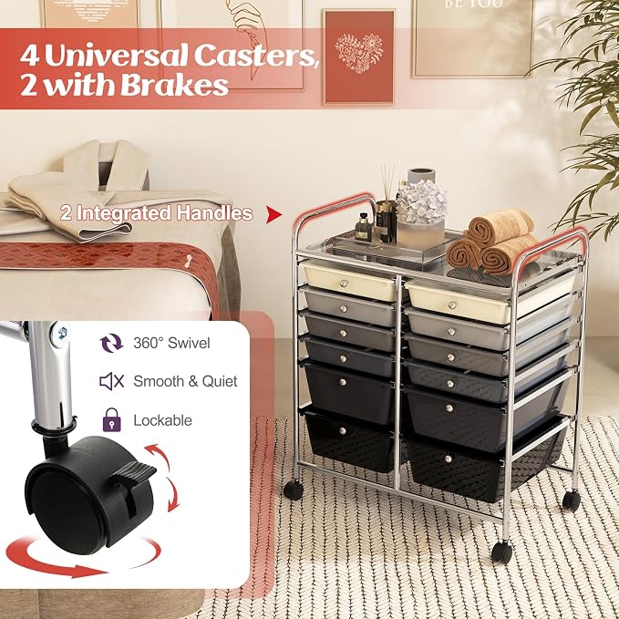 12 Drawer Rolling Storage Cart, Craft Cart Organizer on Wheels w/Metal Frame, Large Capacity & Smooth Drawer, Rolling Cart w/Drawers for Classroom, Office - Image 6