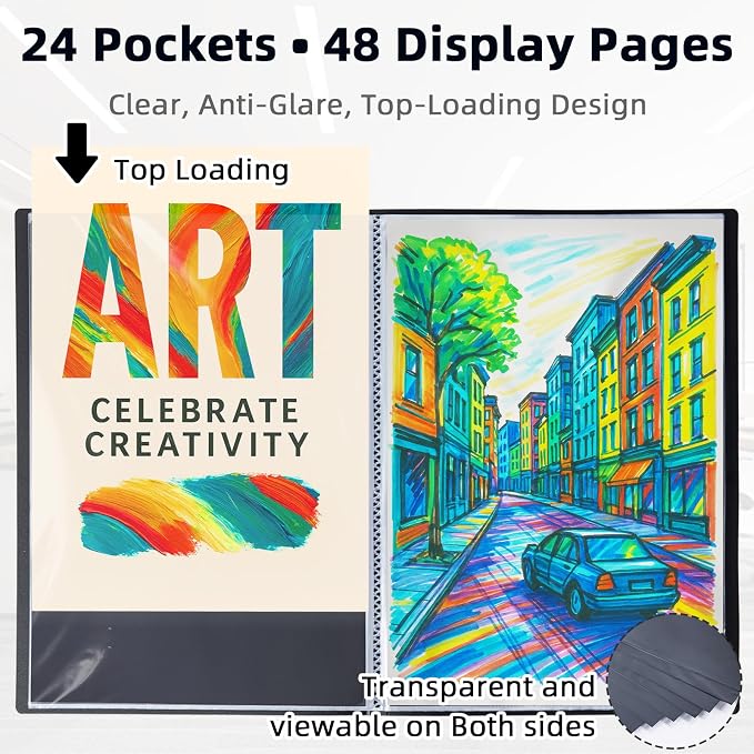 18x24 Black Art Portfolio Folder Displaying 48 Pages with Plastic Sleeves | 24-Pocket Presentation Book Binder For Artwork Storage Featuring Dark Inner Paper Inserts Protective Document Archival Holder - Image 3