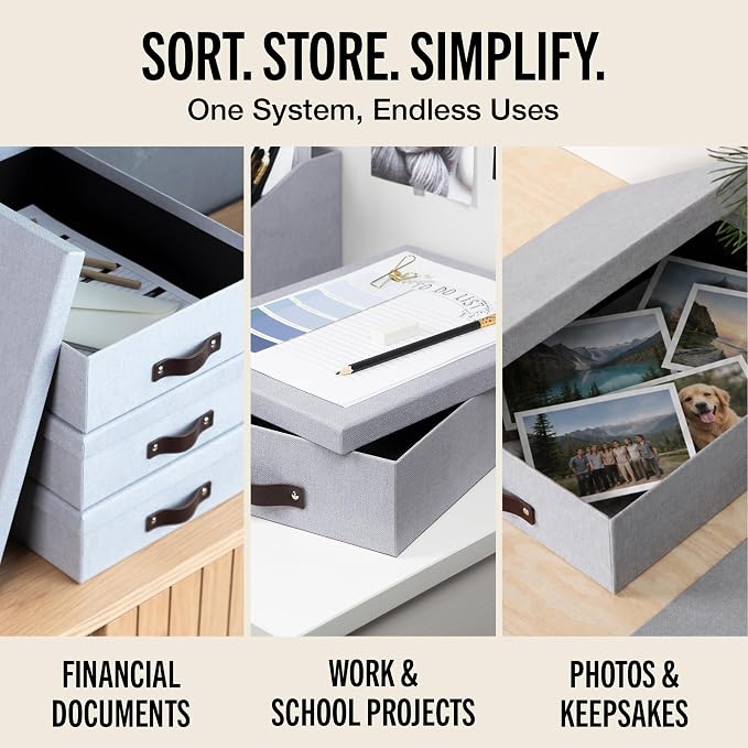 Bigso Oskar Canvas Fiberboard Document Letter Box - File Organizer Box for Important Paperwork - Document Storage with a Lid & Leather Handle - 3.3 in x 10.2 in x 13.8 in - 3 Pack - Ash - Image 6