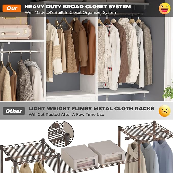 5FT Small Closet System with 3 Fabric Drawers, 60 Inches Walk In Closet Organizer System With 3 Adjustable Shelves, Heavy Duty Clothes Rack Built-In Garment Rack, 59" L x 16" W x 71" H, White - Image 3