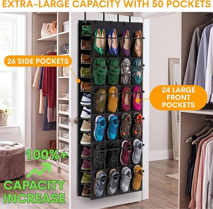 40-50 Pairs Over the Door Shoe Organizer, Large Double-Sided Pockets Hanging Shoe Rack, Space-Saving Closet Door Organizer Fits Boots,Sneakers or Larger Shoes,Shoe Storage for Bedroom, Closet,Entryway - Image 2