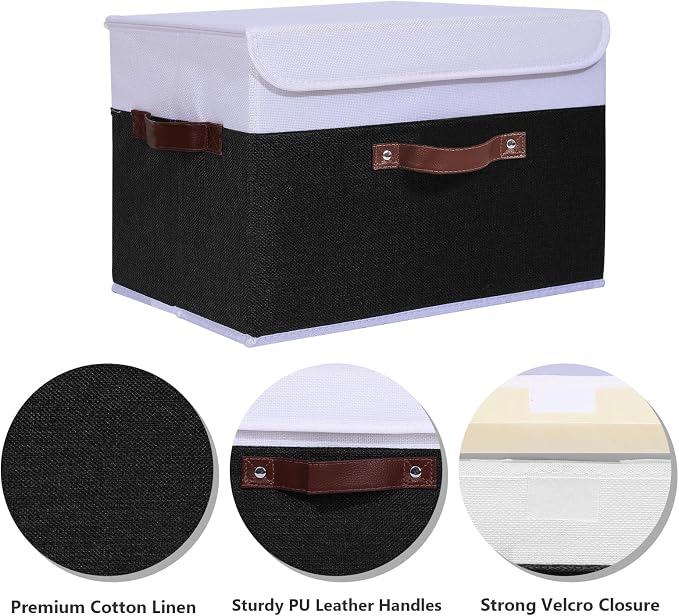 ANMINY Fabric Storage Box Bins with Lids, Black White, 15"x10"x10", 4 Pack | Keepsake Memory Storage, Cotton Linen, PP Board Reinforced, Washable, PU Handles, Foldable & Stackable, Decorative, Large - Image 4