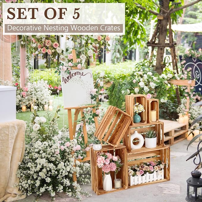 CroBlissful 6 Pcs Decorative Wood Crates for Storage Display Rustic Nesting Crates with Handle Farmhouse Wooden Storage Container Boxes for Wedding Baby Shower Birthday Party(Classic Color) - Image 4