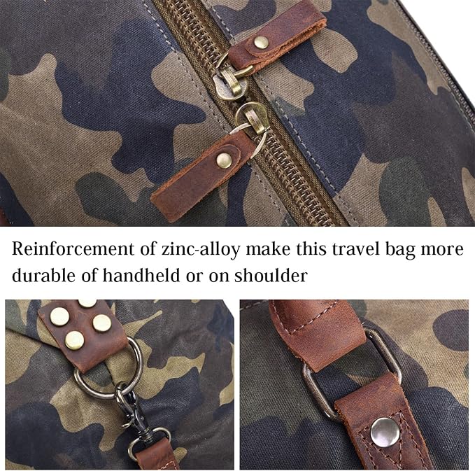 Oversized Travel Duffel Bag Waterproof Canvas Genuine Leather Weekend bag Weekender Overnight Carryon Hand Bag Camo - Image 4