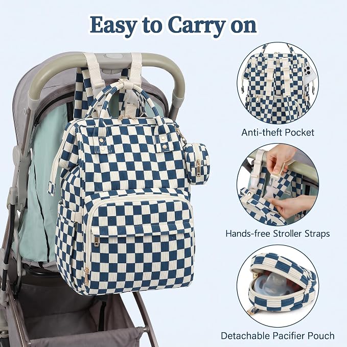 Baby Diaper Bag Backpacks for Mom Dad, Corduroy Large Capacity Multifunction Nappy Bag with Pacifier Case, Baby Travel Essentials Diaper Backpack for Boys Girls - Checkered Navy Blue - Image 7