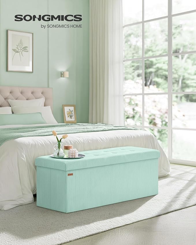 SONGMICS MAZIE Collection - Storage Ottoman Bench, Foldable Foot Rest, 15 x 43 x 15 Inches, End of Bed Bench, Storage Chest, Load 660 lb, Living Room, Bedroom, Entryway, Moonlight Green ULSF604C01 - Image 2