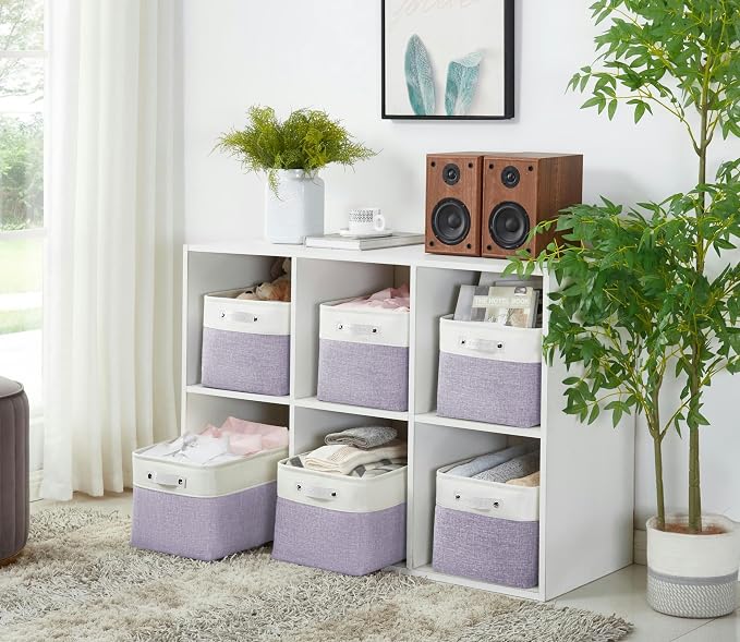 DECOMOMO Storage Bins, Large Fabric Storage Baskets for Shelves 3 Pack | 15 x 11 x 9.5 inches Decorative Linen Closet Organizers (Purple & White) - Image 6