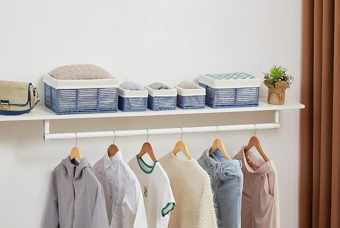 Wicker Storage Basket, Hand-Woven Paper Rope Wicker Baskets, Rectangular Small Wicke Baskets for Organizing, Cube Storage Bins for Closet/Clothes/Dresser, Blue, 5-Pack - Image 7