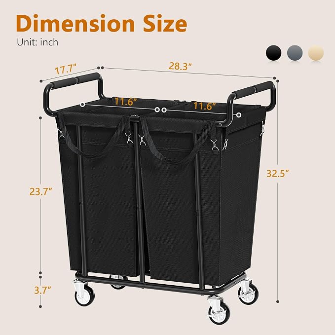 Gewudraw 2 Bag Laundry Hamper with Wheels Medium Size, 250L, Black | Rolling Laundry Basket, Steel Frame, Removable Liner, Heavy Duty Rolling Laundry Cart with Handle for Laundry Room, Bathroom - Image 7
