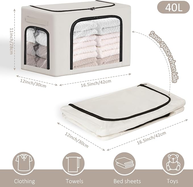 GuliPostan 3 Pack 40L Stackable Clothes Storage Bins with Metal Frame Handles & Zipper, Collapsible Closet Organizer Box with Lid for Bedding Blankets Towel (Beige) - Image 3