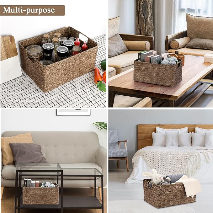 Hipiwe Wicker Storage Bin Handwoven Opened Baskets for Shelf Organizing | Rectangular Decorative Basket, Seagrass Closet Bedroom Organizer Bin Box Multipurpose Storage Basket with Handle - Image 4