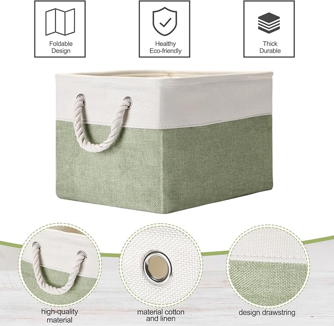 FoldTier 10 Pack Large Collapsible Fabric Storage Baskets with Handles Decorative Storage Bins for Organizing Shelves Toys Clothes(Beige & Green,16 x 12 x 10 Inches) - Image 3