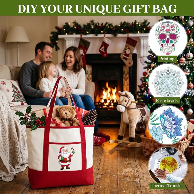 Sanwuta Canvas Tote Bags Bulk with Outer Pockets,Red Green,12 Pack | Reusable Cotton Grocery Bags, Perfect for Teachers, Party Giveaways, DIY Crafts, Wedding Favors, Business Gifts - Image 6