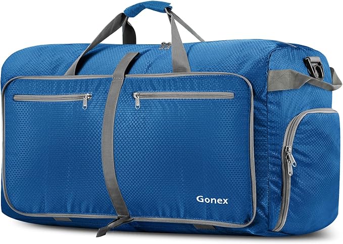Gonex 150L Foldable Travel Duffle Bag with Shoe Compartment, Lightweight | 210D Nylon, Water-Repellent, Folds Compact, Multiple Pockets, Luggage Sleeve, Family Travel & Camping, Deep Blue by Gonex