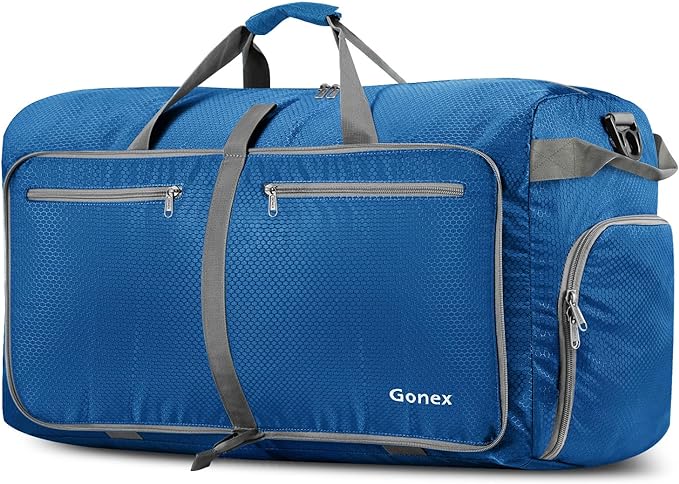 Gonex 80L Foldable Travel Duffle Bag with Shoe Compartment, Lightweight | 210D Nylon, Water-Repellent, Folds Compact, Multiple Pockets, Luggage Sleeve, Weekend Trips & Camping, Deep Blue by Gonex
