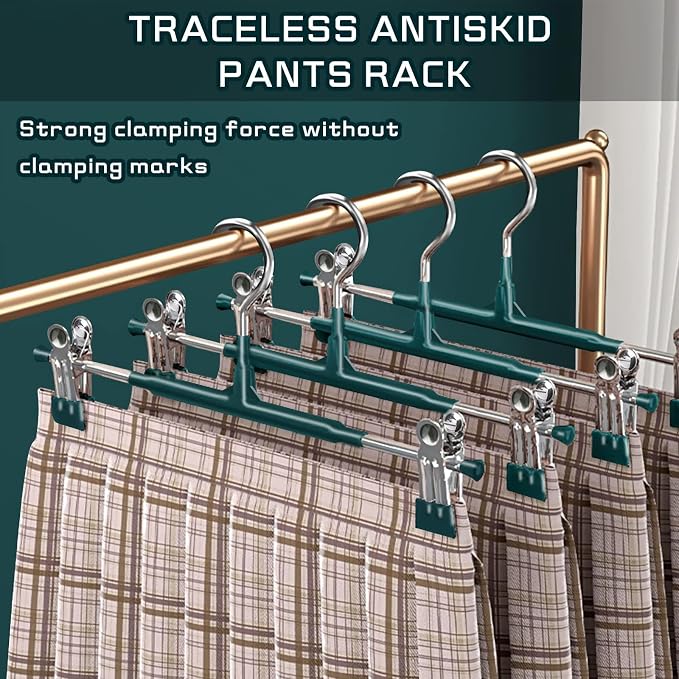 Pants Hangers with Clips Skirt Hangers, 12 Inch 10 Pack, Green | Non-Slip,Adjustable metal clips,Space-Saving,Heavy duty, for pants/skirt/dress/trousers/jeans/shorts/Clothes,Women,men - Image 3