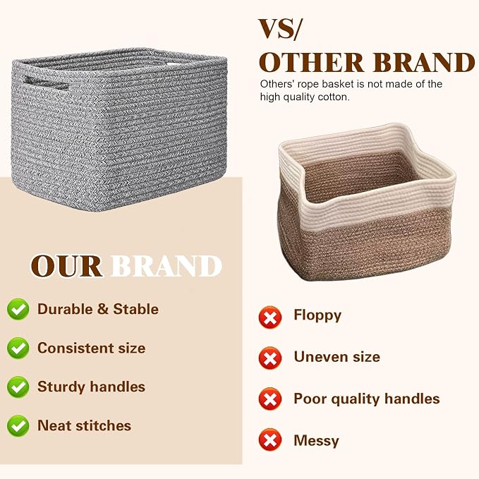Storage Baskets for Organizing, 4 Pack Baskets for Shelves, Decorative Storage Bins for Shelves, Cotton Rope Storage Basket with Handles, Woven Basket for Storage, 13''Lx8.7''Wx7.9''H, Gray - Image 4