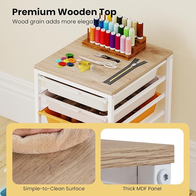 Rolling Storage Cart with 6 Drawers, Plastic Craft Organizer on Wheels with Wooden Top, Mobile Art Supply Utility Cart for Classroom, Home, Office - Image 5