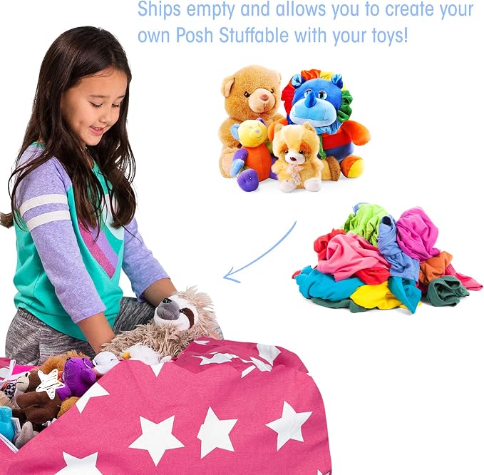 Posh Creations Kids Stuffed Animal Storage Bean Bag Chair Cover - Childrens Toy Organizer, Large-38in, Canvas White Stars on Pink - Image 3
