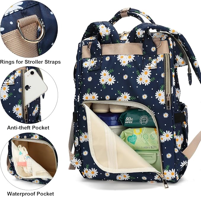Daisy Baby Diaper Bag Backpack for Women, Large Capacity Waterproof Maternity Travel Nappy Backpacks with Stroller Straps - Image 3