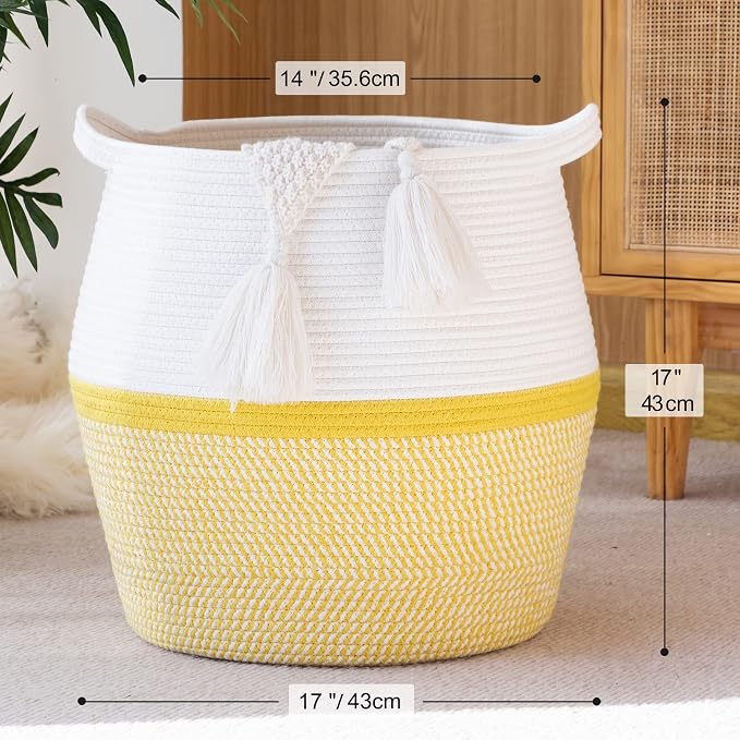 KAKAMAY Woven Baskets for Storage(17"x17"),Large Cotton Rope Woven Baby Laundry Hamper,Collapsible Laundry Basket, Blanket Basket for Organizing Living Room,Nursery,Pillows,Toy Chest(Yellow) - Image 4