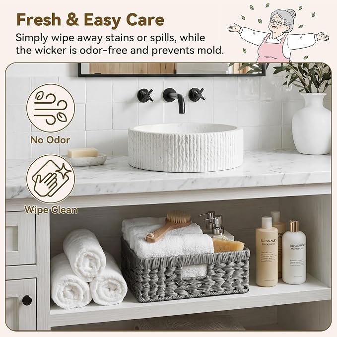 GRANNY SAYS Wicker Baskets for Organizing, Grey Pantry Baskets,1-Pack | Large Shallow Basket,Wicker Storage Baskets for Shelves,Woven Baskets for Storage,Rectangle Basket,Wicker Baskets for Storage - Image 3