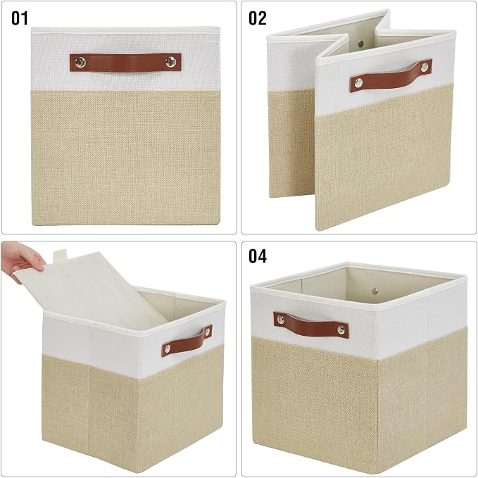 Collapsible Fabric Storage Cube Bins with 2 Reinforced PU Handles, Foldable Storage Organizer Baskets for Closet, Shelves, Living Room | 11"x11"x11", 4 Pack, Beige & White - Image 6