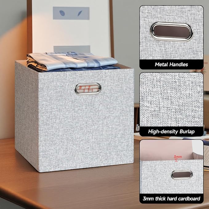 Posprica Collapsible Storage Bins,13×13 Foldable Storage Cube Boxes Fabric Drawer Fabric Storage Bins Vinyl Record Woven Gray, 4 Pack - Image 4
