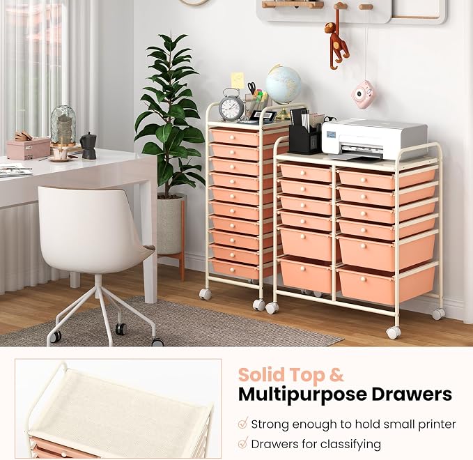 Giantex 12 Drawers Rolling Storage Cart, Classroom Organizers with Wheels for Tools Scrapbook Craft Paper Teacher Office School Supplies (Peach Fuzz) - Image 4