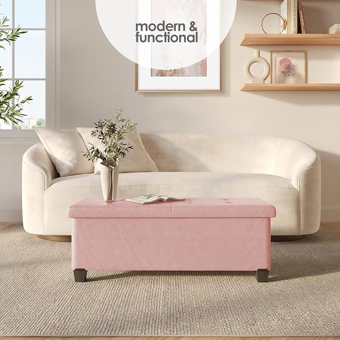 Storage Ottoman Bench with Bins, 43-in Storage Bench for Bedroom End of Bed, Folding Foot Rest Ottoman for Living Room Max 660lbs, Leather Ottomans, Pink - Image 2