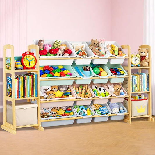 Kids Toy Storage Organizer with Bookshelf – Wooden Shelf with 16 Bins & 6 Shelves, Quick Assembly Storage Rack for Playroom, Bedroom, Nursery – Colorful by KidsToyStorageOrganizer