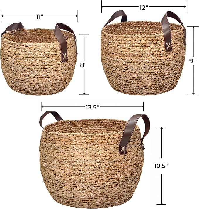 GIB Round Seagrass Storage Baskets Woven Wicker Planter Baskets for Decor | Decorative Basket for Blankets, Plants, Shelves Organizing, Natural Rattan, Leather Handles, 13", 12" & 11", Set of 3 - Image 2