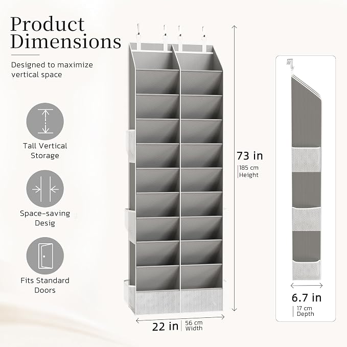 Over the Door Shoe Organizer, 20-30 Pairs Heavy-Duty Hanging Shoe Storage with Large Pockets, 10-Tier Door Shoe Rack with 4 Hooks for Sneakers Sandals Heels Boots (Gray) - Image 3