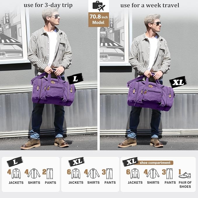 Gonex Canvas Duffle Bag, Expandable 50L Travel Overnight Weekender Bag | for Men, Multiple Pockets, Carry-On Size, Durable Zippers, Detachable Strap, Purple - Image 6