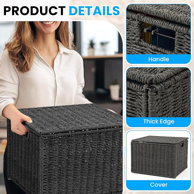 Cinnvoice Extra Large Decorative File Box 18 x 16 x 13 in Wicker Seagrass File Basket Organizer for Letter Legal Size Hand Woven Hanging Filing Cabinet with Lid for Office Paper Rope, Black - Image 5