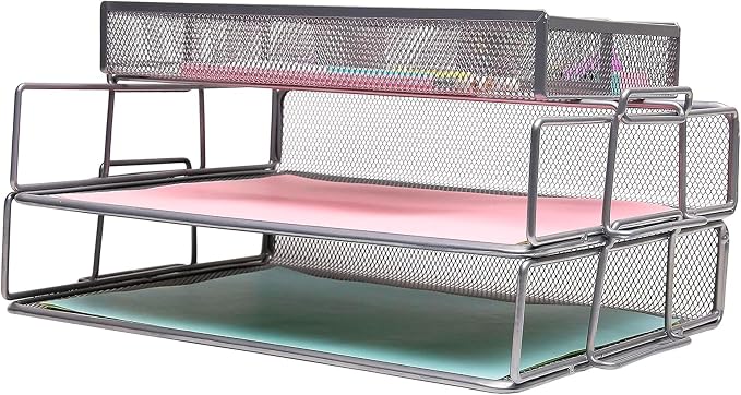 Exerz Layer of 2 Wired Mesh Paper Sorter Plus an Accessory Tray/Desk Organiser/Detachable File Holder, with Extra Divider/Memo Holder On Top – Office, School, Study Multifunctional Essential. | Two Tier A4 File Storage With Divided Accessory Sections F... by Exerz