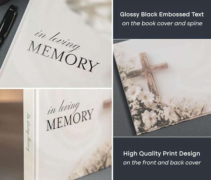 Cross Hardcover Funeral Guest Book - 9.5 x 7 Celebration of Life Guestbook for Memorial Service with 5x7 Paper Sign, Pen, Black Photo Corner Stickers - Image 8