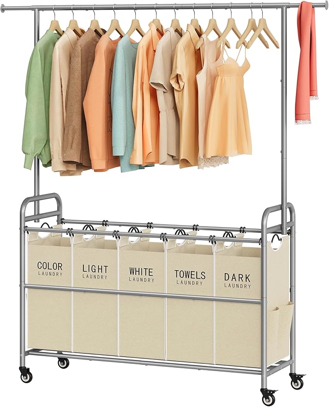 Laundry Cart with Hanging Rack, 65 Gal. Large Laundry Hamper, Beige | Rolling Laundry Cart with Hanging Bar with Removable Bag and Lockable Wheels, Separator Hamper Cart for Bedroom, Bathroom by Tajsoon