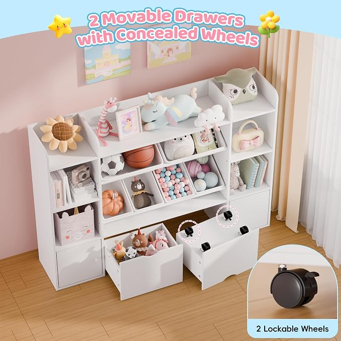 Xilingol Kids Toy Storage Organizer W/6 Removable Toy Bins, 4-Tier Toy Organizers W/6 Storage Cubbies and 2 Movable Drawers, Kid Bookshelf and Toy Storage for Playroom, Bedroom, Kids Room (White) - Image 4