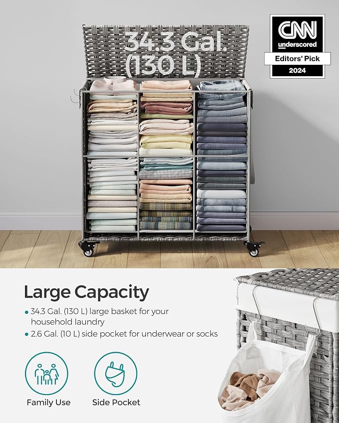 SONGMICS Laundry Hamper with Lid, 37 Gallons (140 L), Rolling Laundry Basket with Wheels, 3-Section Synthetic Rattan, Removable Liner, Bedroom, 26 x 13 x 26 Inches, Gray ULCB363G01 - Image 7