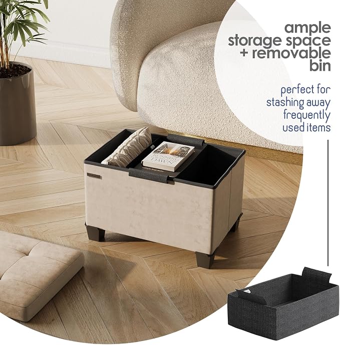 Storage Ottoman Cube with Small Bin, 16-in Square Ottoman with Storage for Living Room and Bedroom, Small Ottomans Foot Rest, Velvet Foot Stools Ottomans Max 330lbs, Taupe - Image 3