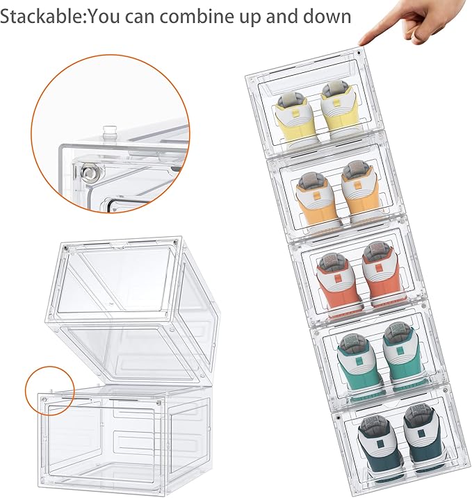 HOMIDEC Shoe Storage, 8 Pack Shoe Organizer Clear Hard Plastic Shoe Box | Shoe Boxes Clear Plastic Stackable, Shoe Storage Box with Lids for Size 13, Transparent - Image 5