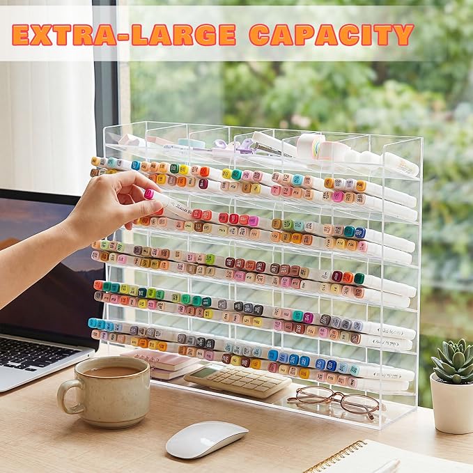 MotiMind Acrylic Pen and Marker Organizer for 420 Markers | 30 Compartments, Vertical Marker Pencil Organizer, Acrylic Pen Display Holder, Art Supply Storage for Desk Stationery, Clear - Image 4