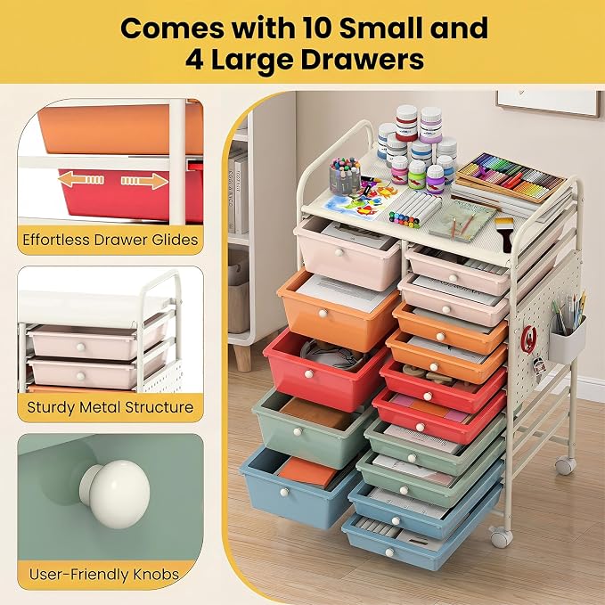 DREAMADE 15-Drawer Rolling Storage Cart, Craft Organizer Cart, Macaron | Mobile Utility Cart with Metal Pegboard Panels, Tabletop and Lockable Wheels for Classroom, Office, Studio and Playroom - Image 4