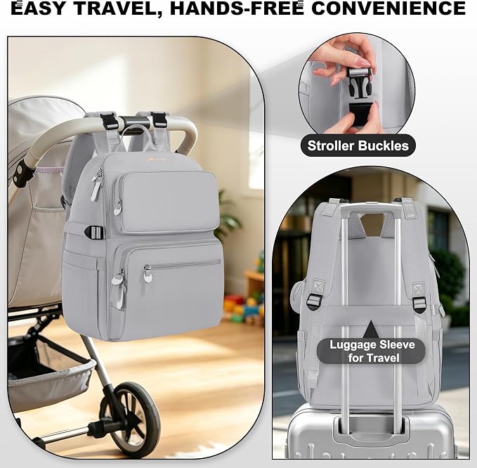IBVIVIC Diaper Bag Backpack with Portable Changing Pad, Soft Gray | Multifunctional Baby Bag for Mom Dad, Large Capacity, Stroller Straps, Insulated Bottle Pockets & Pacifier Case - Image 7